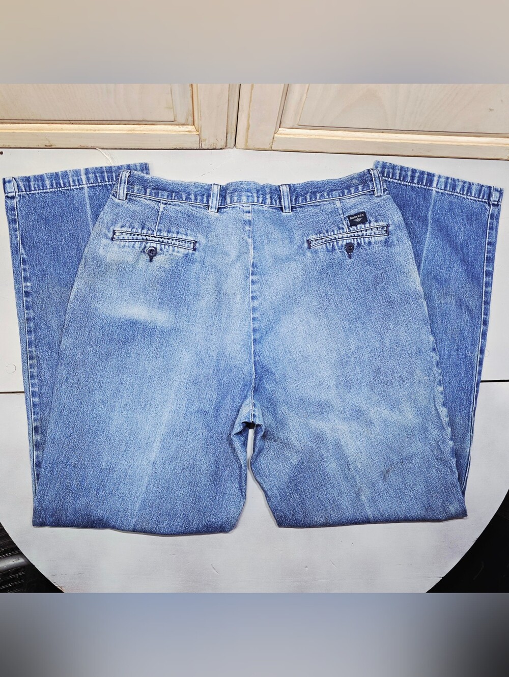 Vtg HTF 90s Dockers Pleated Denim Chinos Trousers High Rise Tapered Jeans 34x32